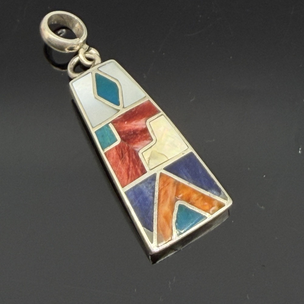 950 Silver Inlaid Pendant Colorful Geometric Spiny Oyster Turquoise MofPearl etc